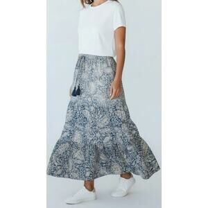 J.Jill Skirt Women L Blue Tiered Maxi Paisley Tassel Boho Peasant Festival NWT